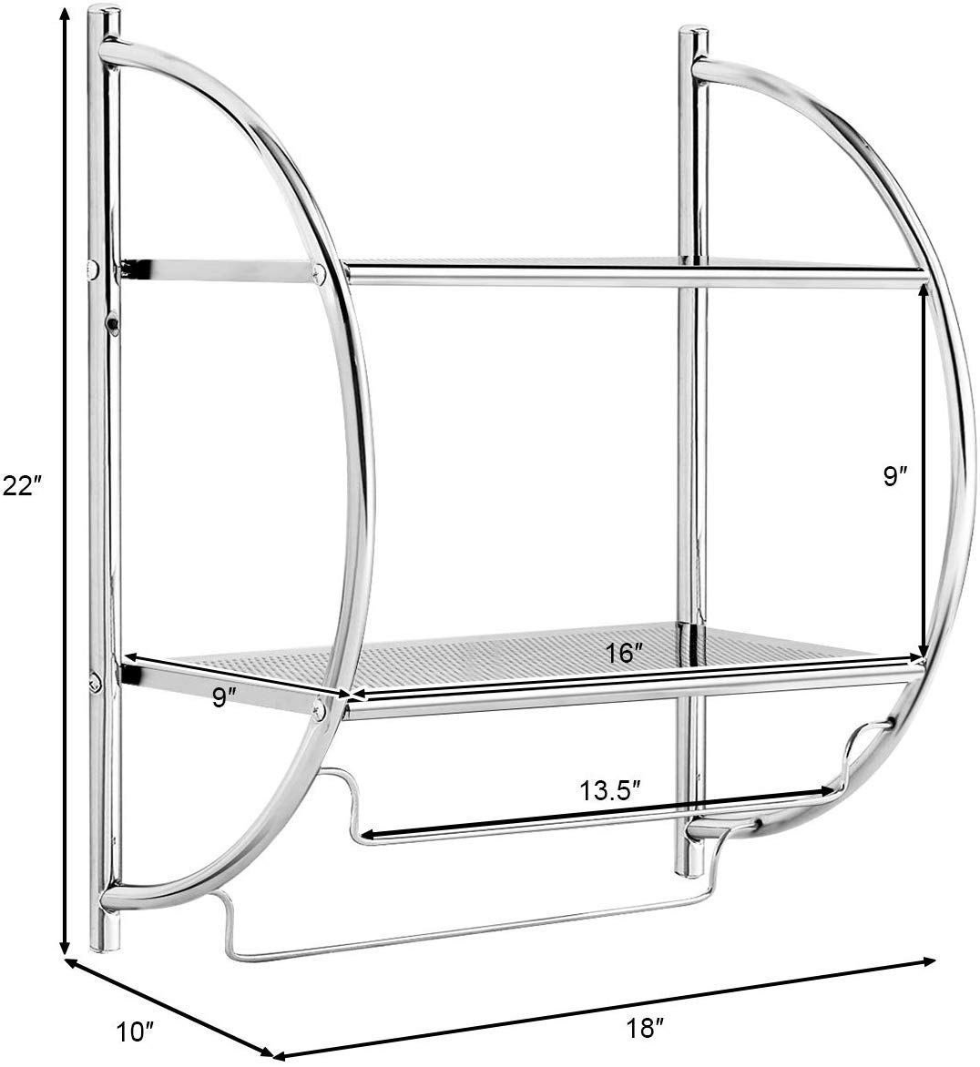 Estante de baño de 2 niveles con toalleros, estante de toalla montado en la pared con diseño de ahorro de espacio, estante de almacenamiento de baño cromado multifuncional para baño, 6