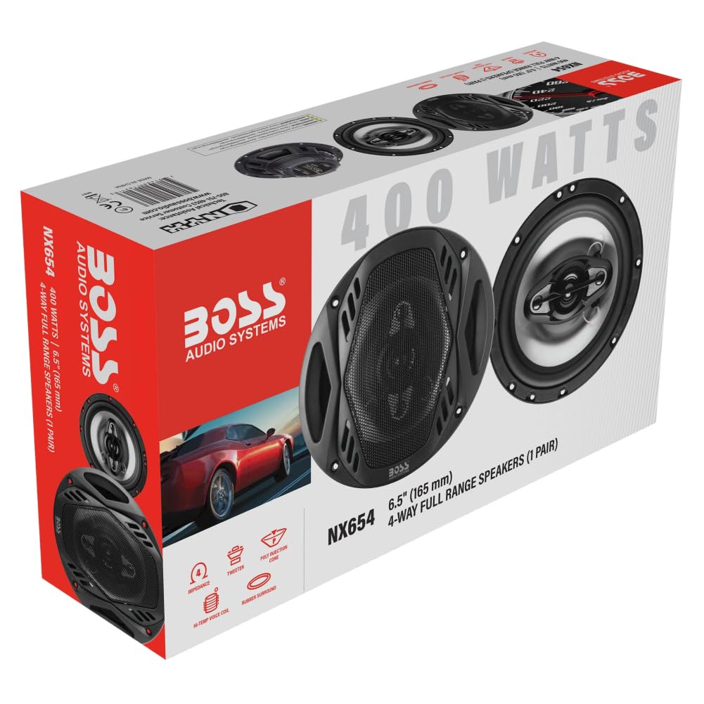 Kit Set para Boss Audio Systems NX654 2 Altavoces coaxiales de 4 vías 6,5" 16,5 cm, 200 vatios rms 400 vatios máx, 4 ohmios, 87 db, con suspensión de Goma, el par + Cables de instalación Gratis