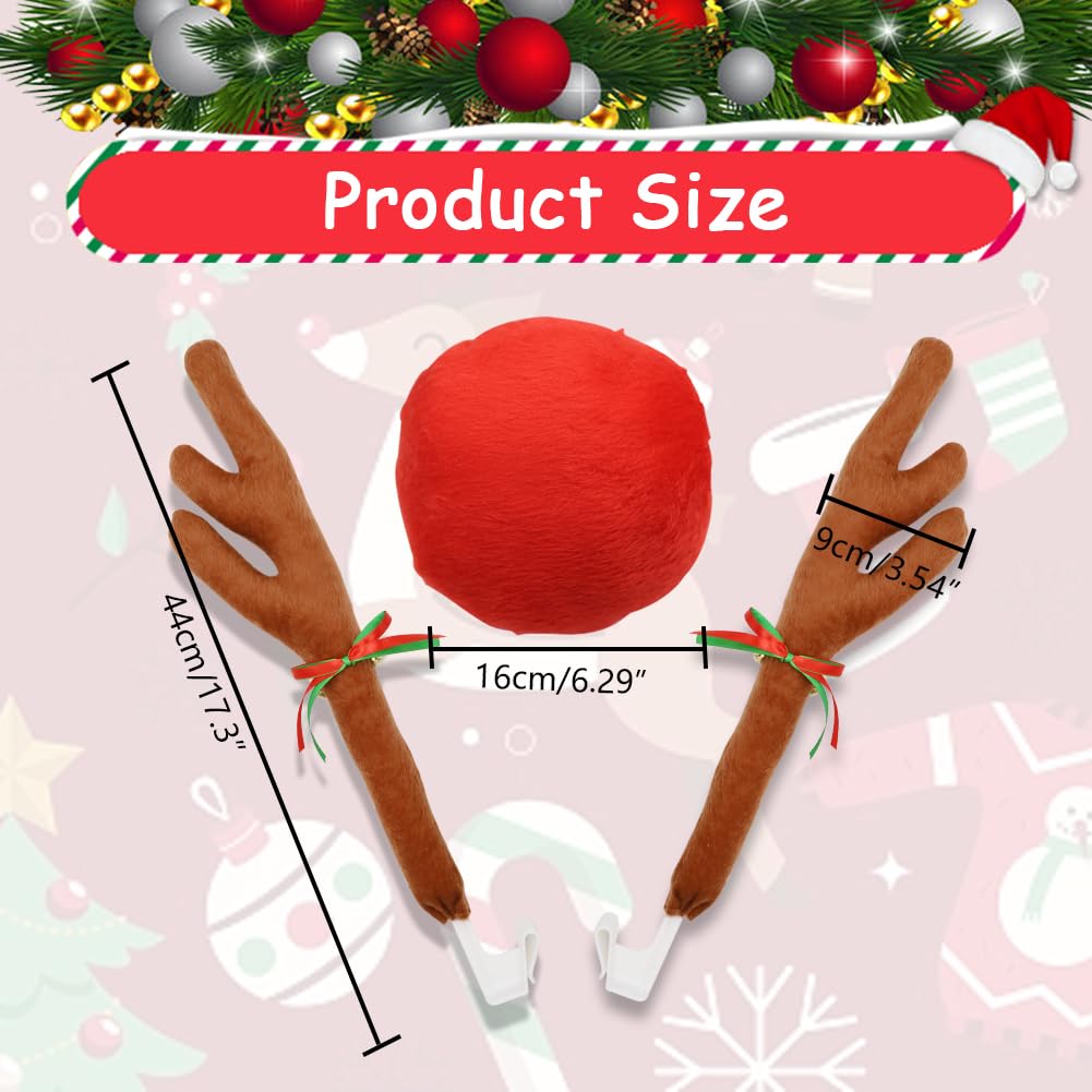 SEILETOO Reindeer Antlers and Nose Kit, Christmas Car Decorations, Rudolph With Bells and Red Nose for SUV Vans Trucks Multiple Models
