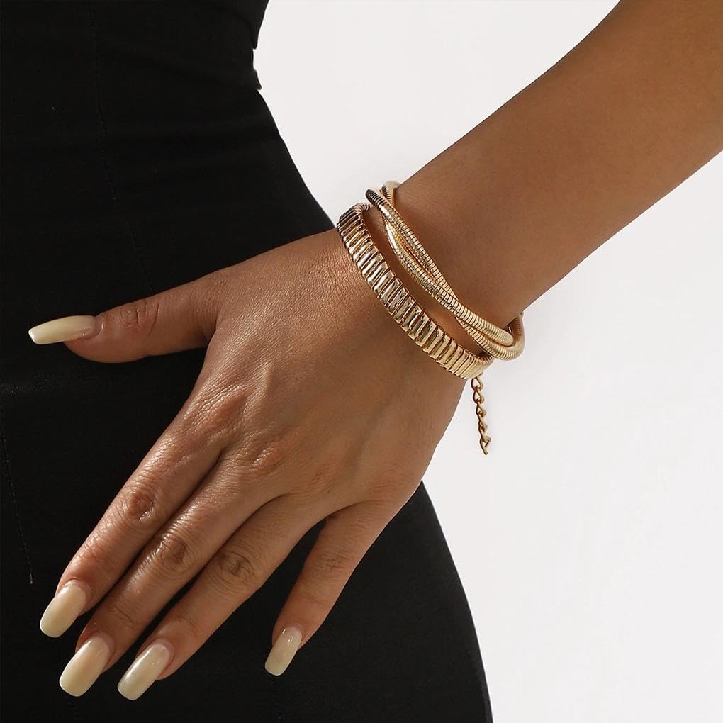 Chunky Gold Snake Stretch Bracelet for Women,Vintage Geometric Punk Wrapped Statement Bangle Bracelet,Trendy Party Banquet Hand Jewelry Accessories - Image 2
