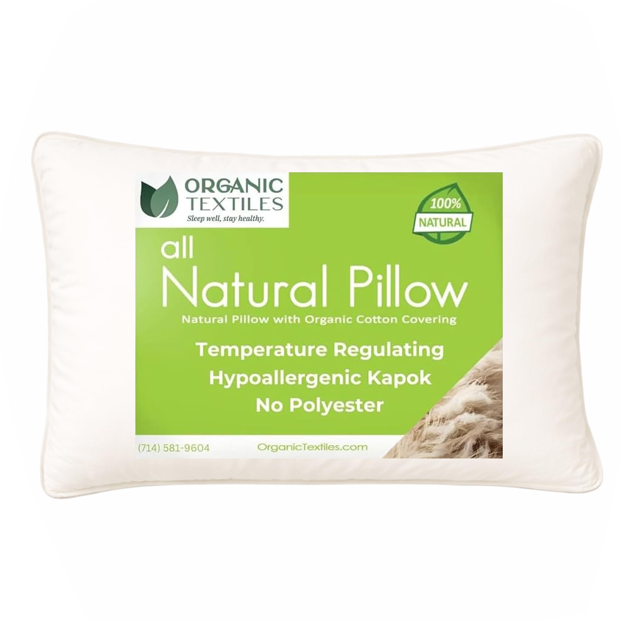 Natural Kapok Pillow with 100% Organic Cotton Cover, (Standard Size), GOTS Certified, Adjustable Loft, Cooling and Breathable, Back, Side, and Stomach Sleeper