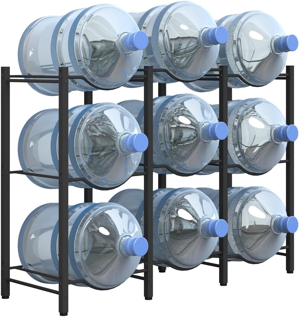 Mocomax 5 Gallon Water Jug Rack - Detachable Holder for 9 Bottles, 3 Tier Heavy Duty Cooler Rack, Organizer for Kitchen, Office, Living Room, Black