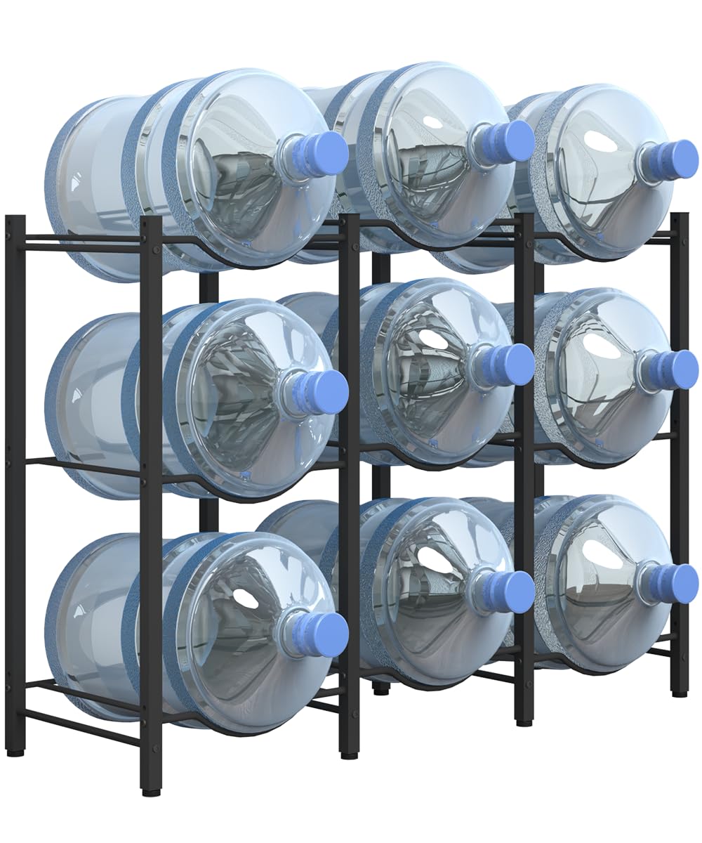 Mocomax 5 Gallon Water Jug Rack - Detachable Holder for 9 Bottles, 3 Tier Heavy Duty Cooler Rack, Organizer for Kitchen, Office, Living Room, Black