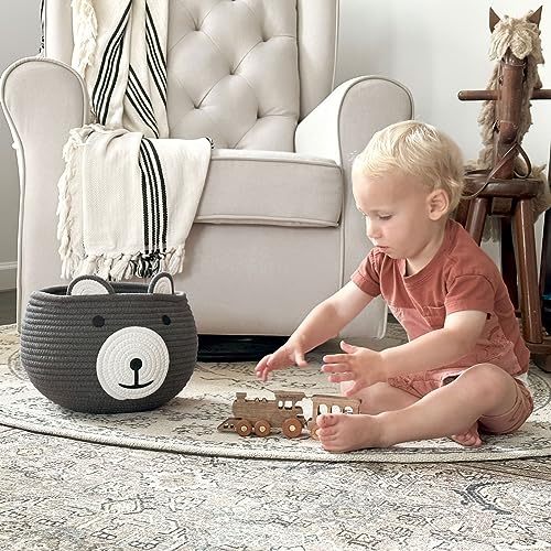 Image of CherryNow Baby Basket for Nursery, Bear Gift Baskets for Kids, Empty Baby Shower Basket with Handles, Small Cute Animal Cotton Rope Baskets, Grey, 10.5 inchD x 8.5 inchH