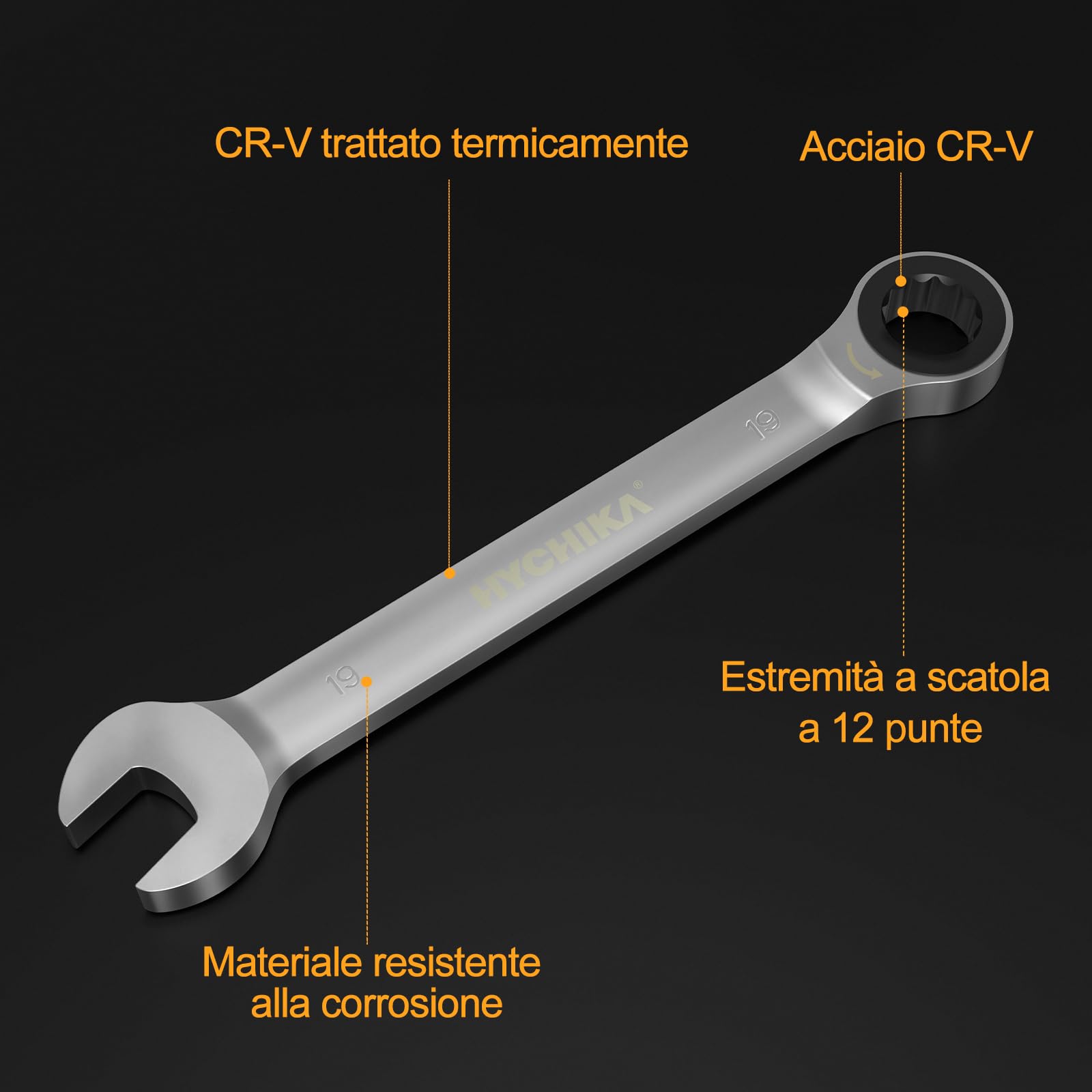 HYCHIKA Chiavi a Cricchetto 9Pcs, Set Chiavi Inglesi 6-19mm Metriche, 72 Denti con Design della Corsa di Ritorno di 5°, Chiave a Cricchetto con Custodia Portatile