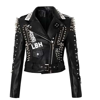 【punk leather jaket short】 Women Slim Fit PU Leather Jacket Punk Rock Print Rivet