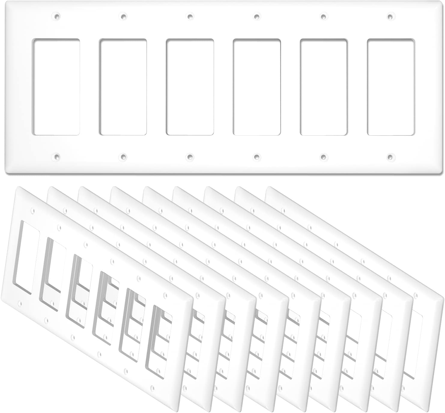 [5 Pack] NEU 6-Gang Mid-Size Decorator Light Switch Outlet Cover Wall Plates, 12" x 4.75", Unbreakable Polycarbonate Thermoplastic, Glossy White