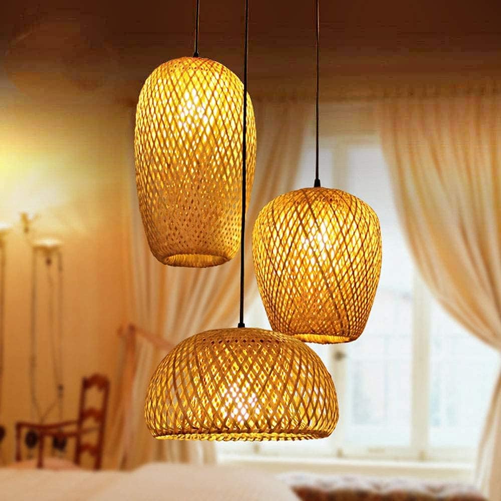 GCQ Bamboo Lantern Pendant Lamp, Retro Japanese Style E27 Chandelier Hanging Light Ceiling Lighting Fixture for Living Room Bedroom Restaurant Cafe Teahouse Bar Dining Room Club