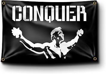 Banger - Arnold Schwarzenegger Conquer Black Motivational Inspirational Office Gym Dorm Wall Decor Design on a 3X5 Feet Flag with 4 Grommets for Easy Hanging. Authentic BANGER FLAG