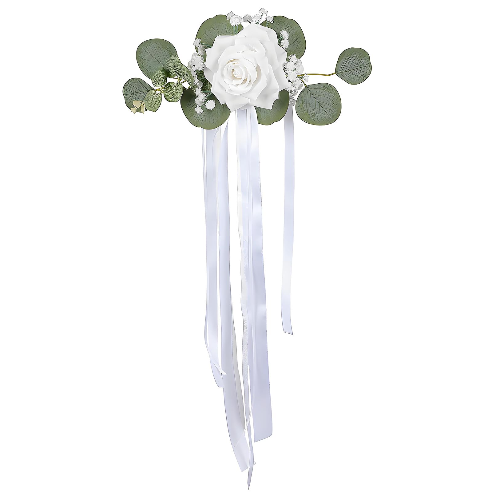 Artificial Rose Chair Decor with White Ribbon Tails, Faux Floral Wedding Accent for Chairs, Vehicles and Aisles Artificial Rose Chair Decor Wedding Flowers Vehicle Floral Accent White Faux Flower