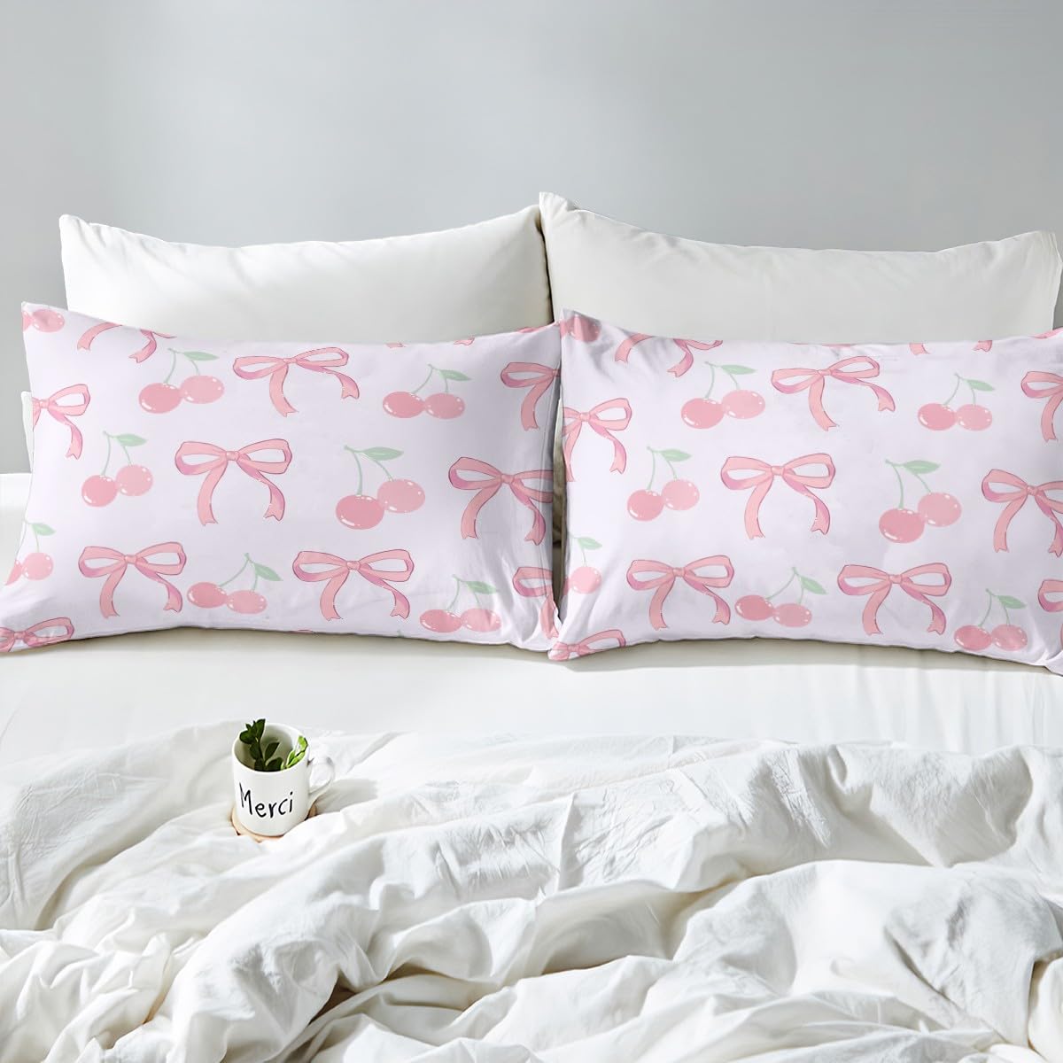 Manfei Cute Bows Duvet Cover Set Single Size, Pink Cherry Bedding Set 2pcs, Cartoon Bowknot Cherry Print Comforter Cover - Image 4