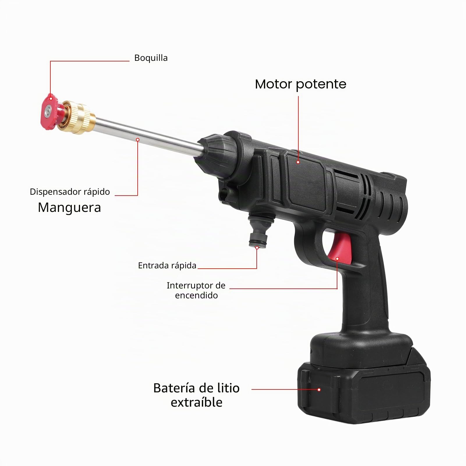 Pistola de Alta Presión Portátil, Hidrolimpiadora Bateria de 21 V, Presión Máxima de Agua 350 PSI, con 2 Baterías de 3000mAh y 5m Manguera, Lavadora a Presión Inalámbrica para Plantas y Coches