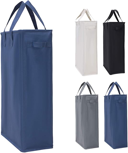 IHOMAGIC Slim Laundry Basket with Carry Handles, Collapsible Clothes Hamper Tall Rectangular Laundry Storage Bag with Breathable Mesh Cover, Foldable Laundry Washing Bin for Bathroom (45L, Navy Blue)