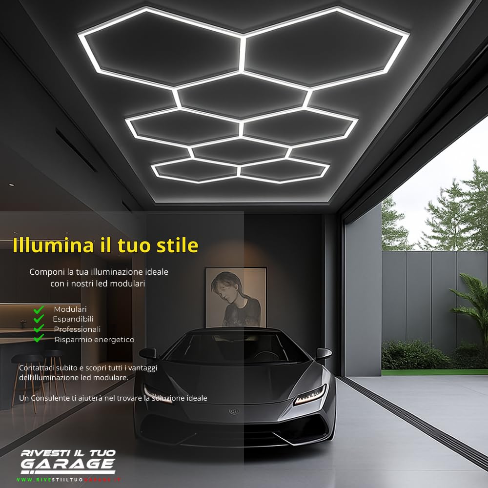 ILLUMINAZIONE LED NIDO D'APE ESAGONALE GARAGE CARROZZERIA BARBER SHOP ROMBO TATOO STUDIO DETAILING GOMMISTA AUTOLAVAGGIO LUCIDATURA (4,75x2,08 M)