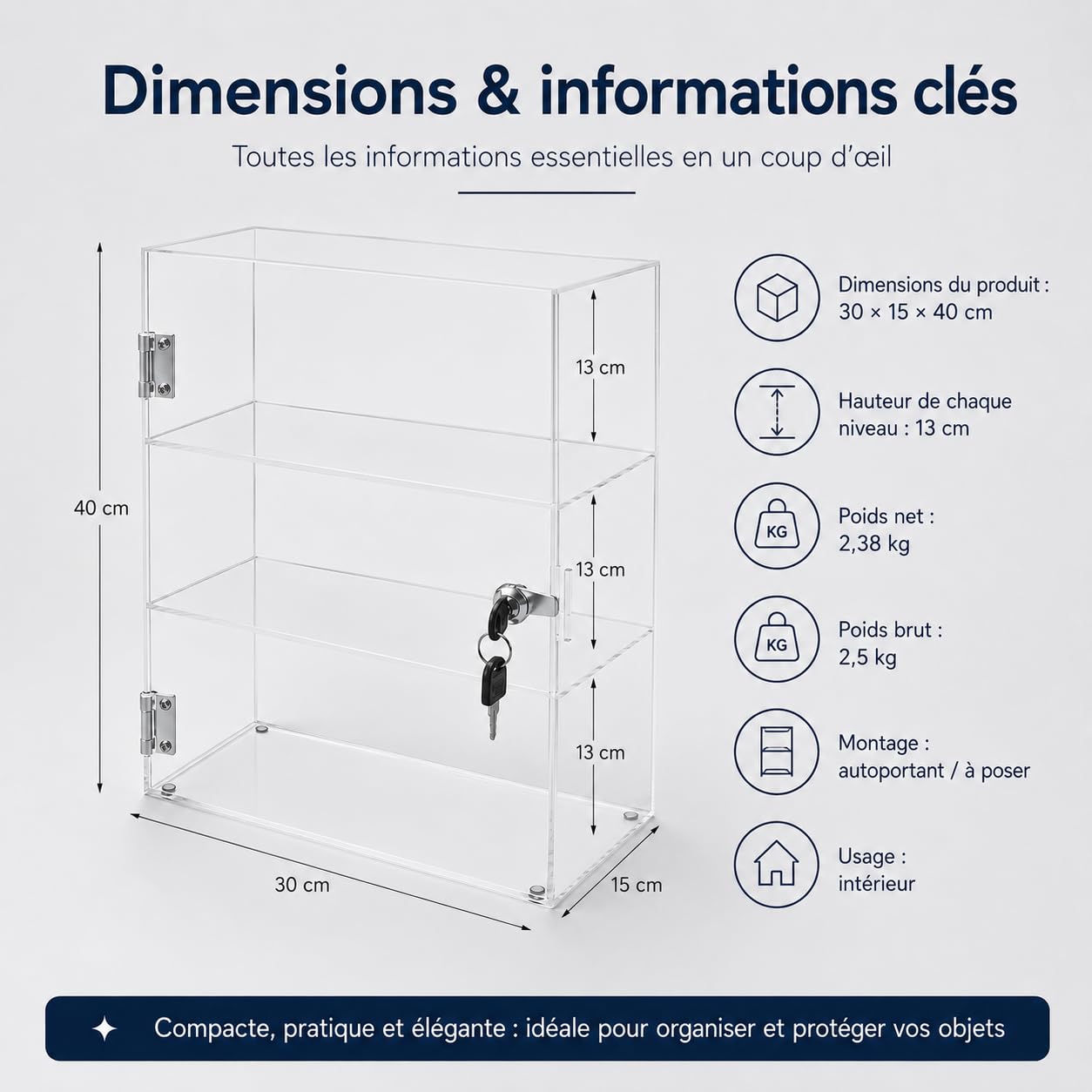 Vitrine de présentation verrouillable à 3 niveaux en acrylique, avec serrure, transparent, support d'exposition pour la maison, bureau, magasin, exposition, pièces de collection
