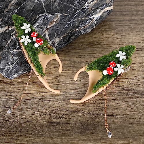 Renaissance Fairy Mushroom Elf Ears - Forest Ear Cuffs with White Mushroom Moss and Flower Non Piercing Earrings Ear Clips Wraps for Women Cosplay Christmas Halloween Renaissance Costume Accessories2