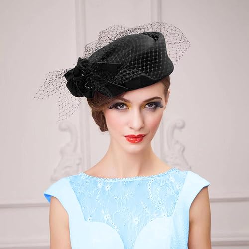 Miniatura 2 de Sombrero vintage para mujer, 100% lana, fieltro Cloche, sombrero de bolera, para invierno, vintage, con lazo, fedoras, iglesia, tocado