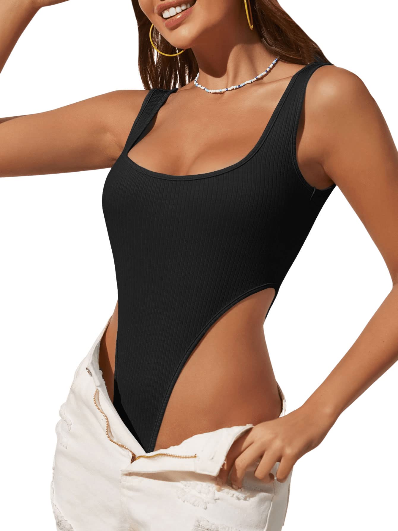 GORGLITTER Damen Body Tank Bodysuit Cut Outs Bodies Rippenstrick Ärmellos Bodys U-Ausschnitt Body Tanktop