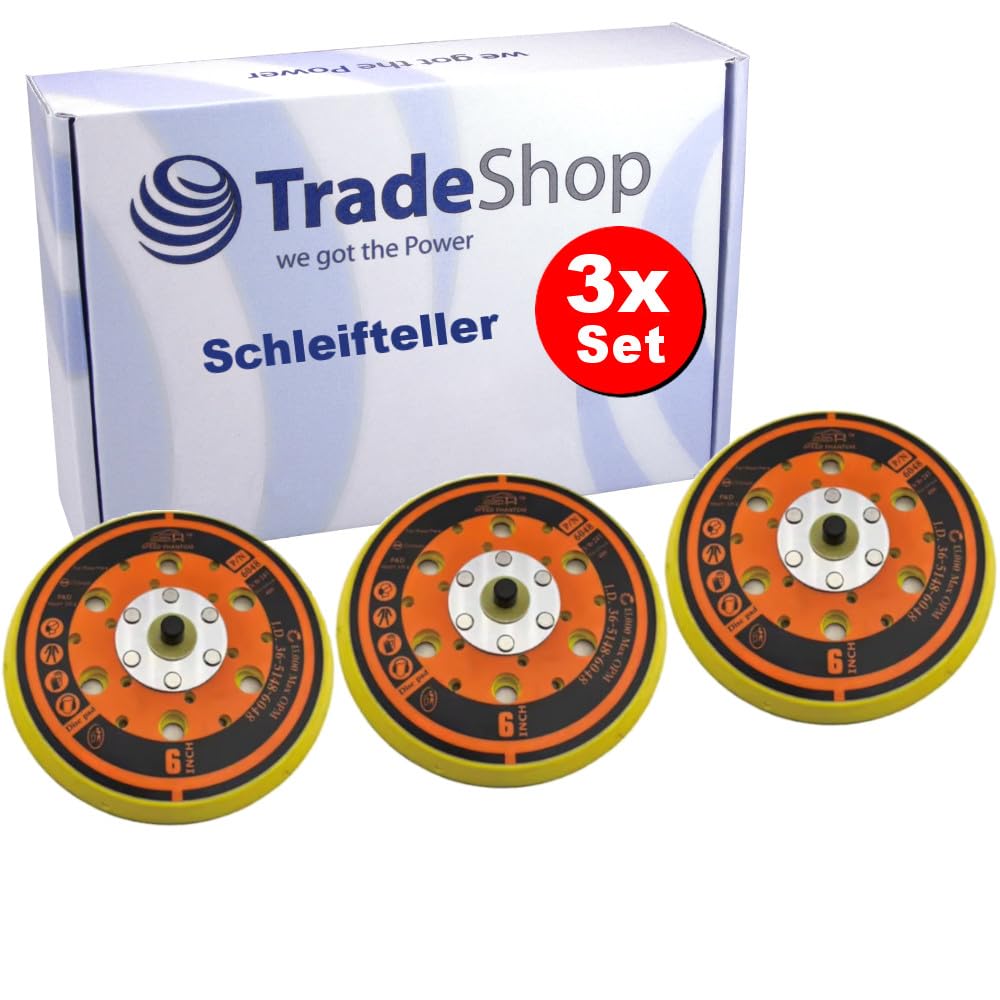 3 discos de lijado de 15 cm de diámetro de Trade-Shop con cierre autoadherente, plato de apoyo, compatible con Mirka 916GV48, soporte: rosca de 5/16 x 24, dura, 48 agujeros