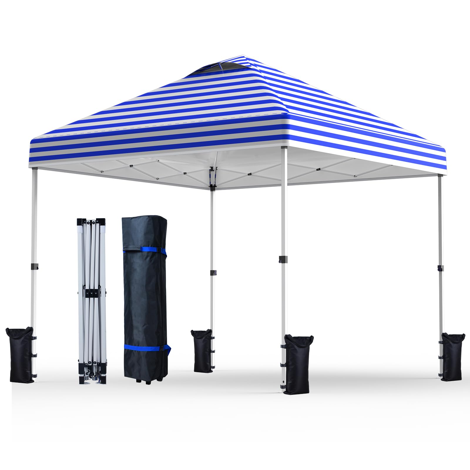 Nazhura 10' x 10' Pop Up Canopy Tent with Sand Weight Bag, Freestanding Sun Shelter for Picnic and Camping, One Person Setup and Height Adjustable (Blue Stripe)