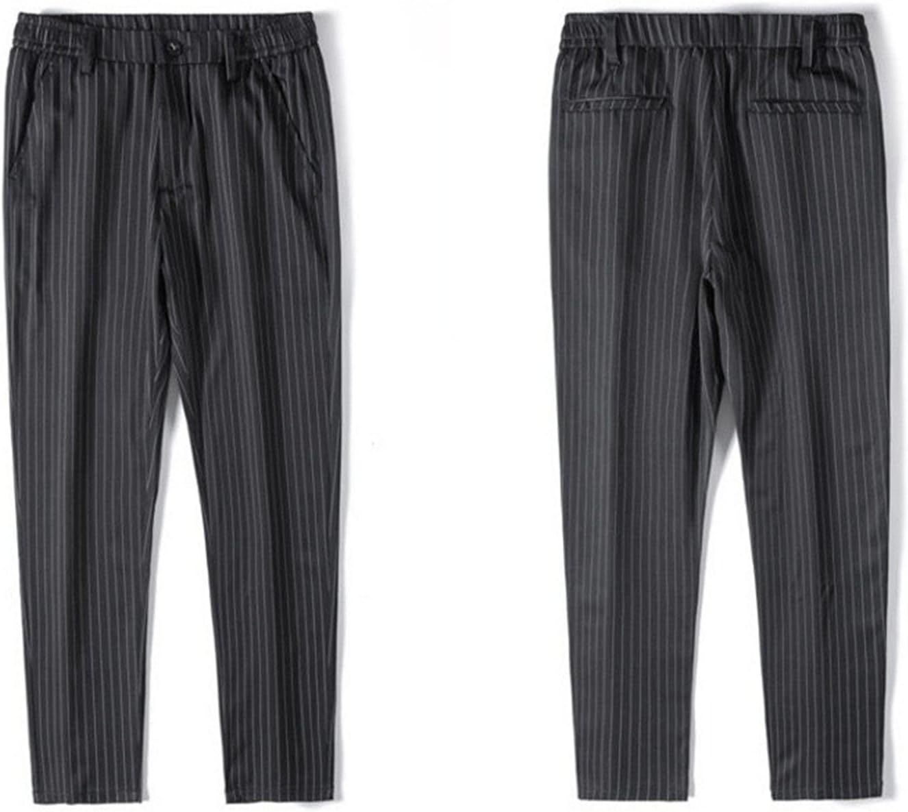 Men Casual Crop Slim Striped Suit Pants Solid Striped Pocket Pant Waistband Trouser Plaid Business Suit Dad Pants