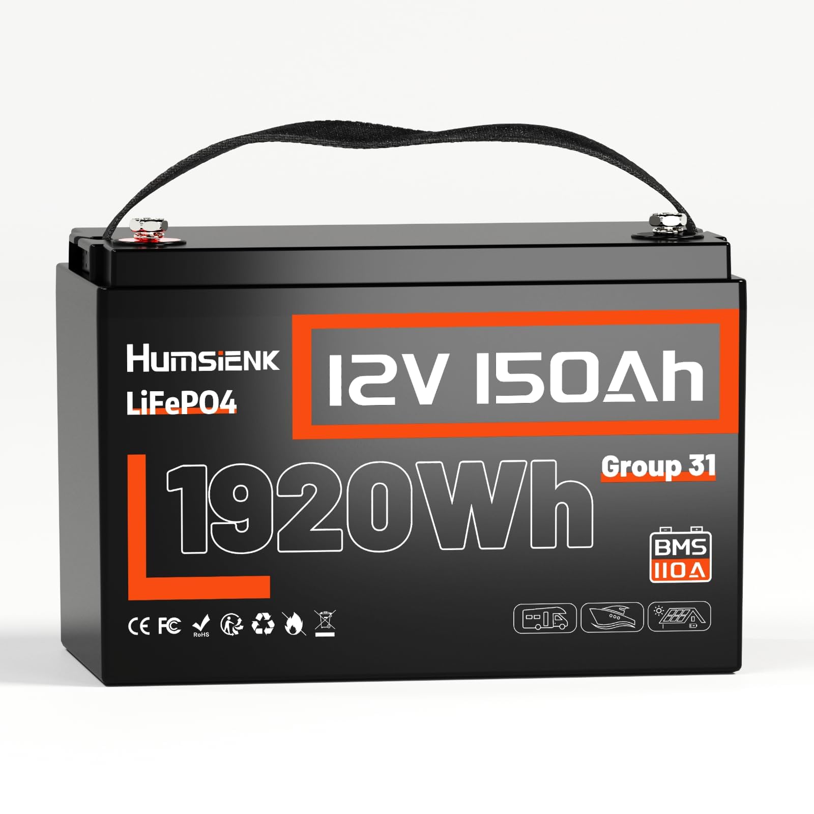 Humsienk Batería Litio 12V 150Ah,Bateria LiFepo4,BMS Inteligente de 110A,4.000–15.000 Ciclos Profundos de 12 V 1920 Wh Recargable,Protección Baja Temperatura—para Solar,Autocaravana (RV)