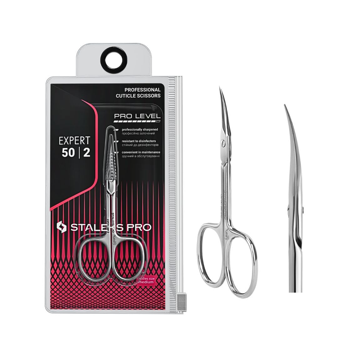 STALEKS PRO by Natury Nails Forbici professionali per cuticole. Anelli ergonomici. Acciaio inossidabile. Manici di medie dimensioni. Lunghezza lama 24 mm. Taglia M. Expert SE-50/2