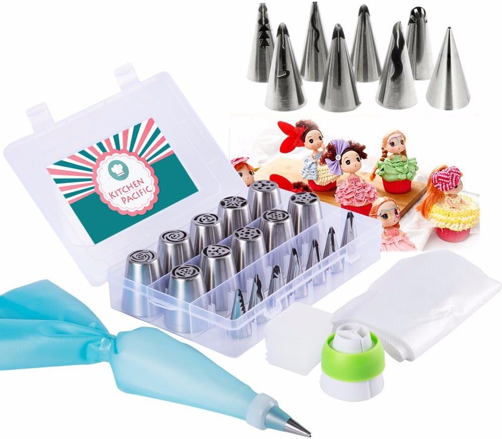 Kitchen Pacific Russian Piping Tips Set-Cake decorating kits -32 Pcs Set (18 Icing Tips - 11 Pastry Bags - 2 Couplers - Storage box) Best Quality Russian Tips Set With Ruffle Wedding Cake Tips