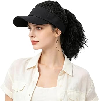 Womens 12 Inch Curly Ponytail Visor Wig Hat with Synthetic Hair Extensions Sun Visor Cap Adjustable for Daily Wear