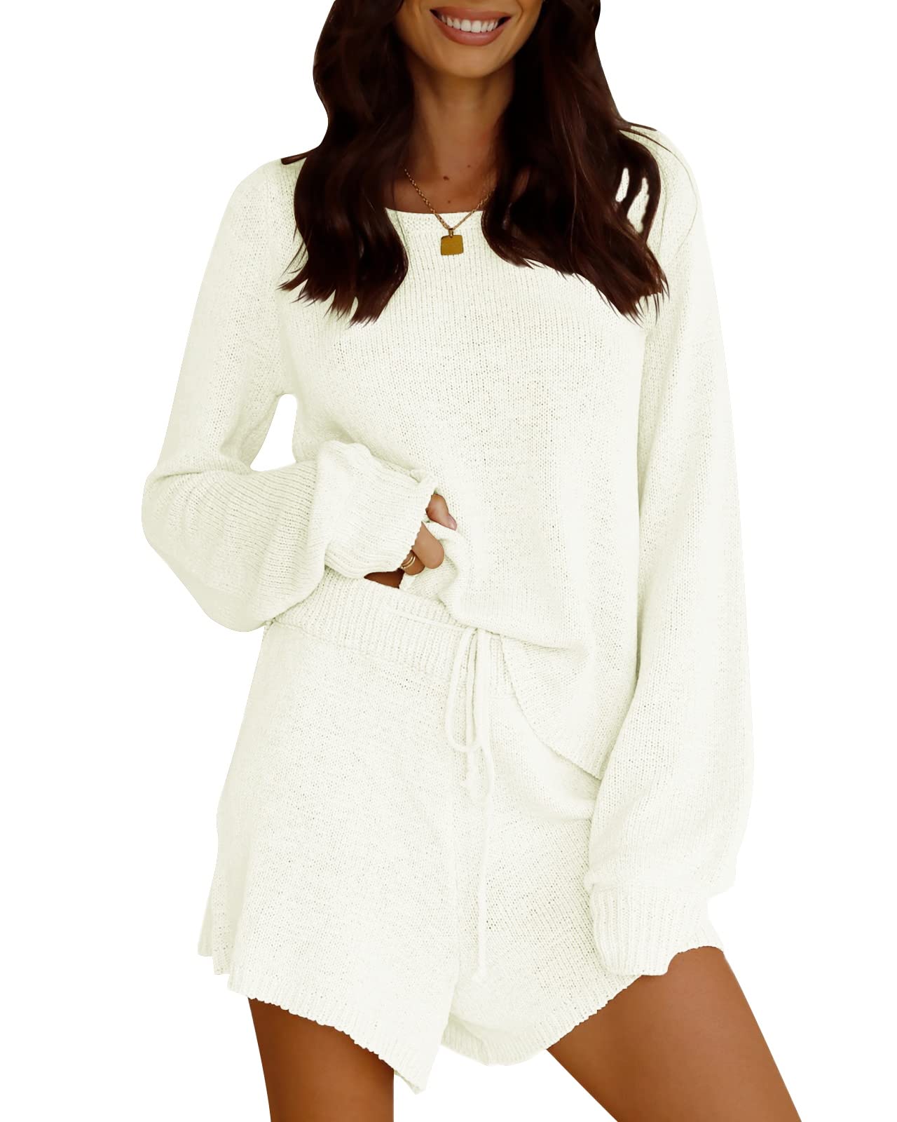 PepochicWomens Long Sleeve 2 Piece Outfits Knit Pajama Set Drawstring Waist Short Lounge Sets Casual Sweater Suits