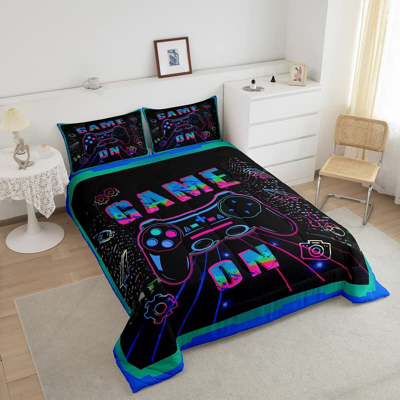 Feelyou Gamer Comforter Set Twin Size for Boys Kids Game Room Decor Video Gaming Gamer Comforter Teens Gamepad Bedding Set Blue Green Neon Game Console Controller Comforter 2 Pcs Boys