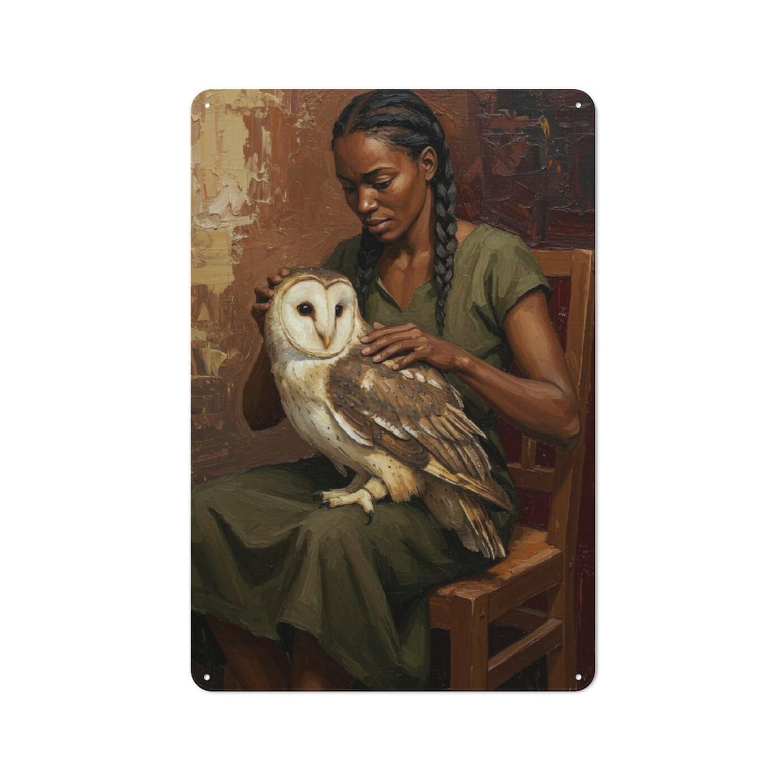Junmoney Woman With Owl Painting Distressed Look Decorative Tin Sign 30X20cm, Vintage Wall Decor For Lounge, Study, Pub Or Wall Gallery