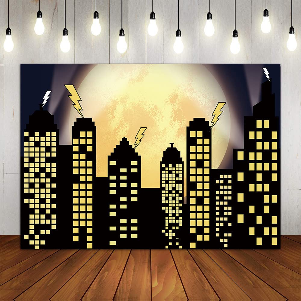Superhero Super City Photography Backdrops Skyline Buildings City Boom Full Moon Bat Photo Background Children Birthday Party Banner Photo Studio Booth Cake Table Decor 7x5ft Vinyl