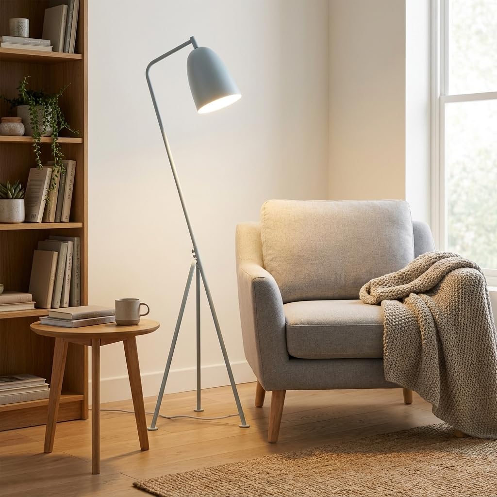 BARCELONA LED Lampa Podłogowa Shoppen Biała 160 cm, Lampa Trójnóg Vintage Mid Century, Regulowany Klosz E27, Styl Skandynawski Industrial Retro do Salonu Sypialni Biura