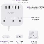 Unidapt European Plug Adapter, Unidapt US to UK Europe Power Strip for EU/UK/US with USB C and 4 USB Ports, 3 AC Outlets, Wall Mountable, 5ft Cord, for Travel Cruise Ship Home (WSS-603)