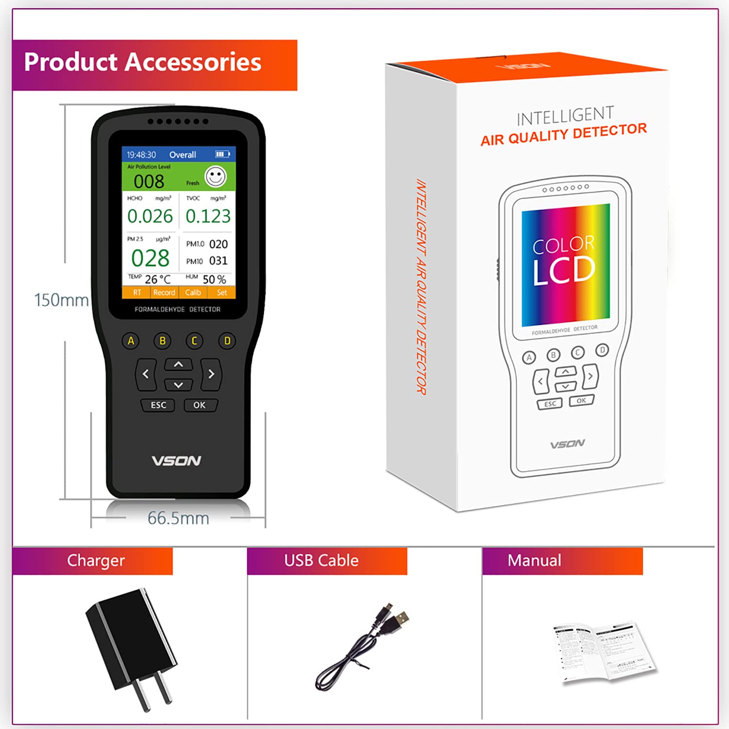 空気測定器 VSON Air Quality Tester Amazon | VSON 室内空気質モニター ホルムアルデヒド検知器 TVOC/HCHO