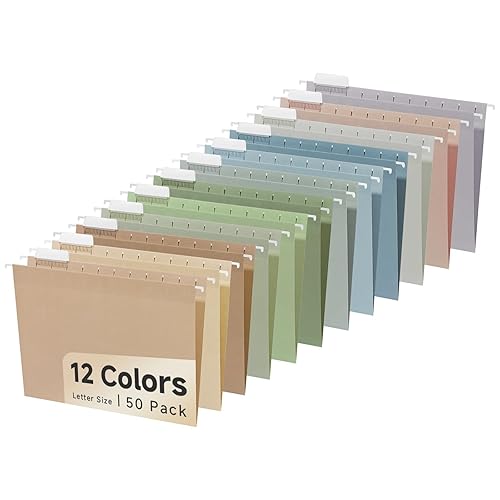50pcs Decorative Hanging File Folders,Filing Cabinet, Letter Size with 1/5-Cut Adjustable Tab Durable 12 Color Assorted, 50 pcs Per Box,Cute,Color,Pink,Pastel - Earth - 50