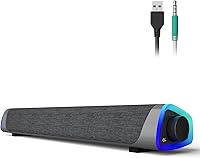 SOULION R30 USB Powered PC Speakers with Colorful LED Lights, Plug & Play 3.5mm Aux Soundbar for Laptop Desktop - Gray