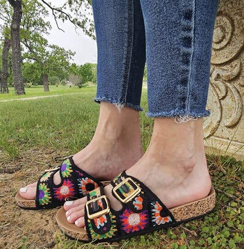 TruFox Women's Crochet Double Strap Flat Sandals with Granny Squares Cork Molded Footbed, Black Crochet, 9 by TruFox - Used condition - Image 2