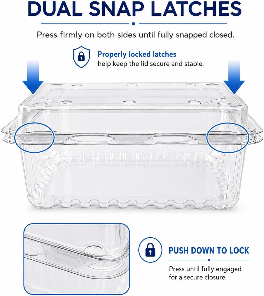 Clear PET Fruit Containers with Hinged Lid, Vented Produce Clamshells, 50 Pack, 6.9 x 5.3 x 3.0 in, for Berries, Grapes, Salad, and Cold Foods