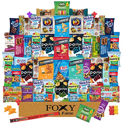 Foxy Fane 60 count Premium Healthy Snack Box - Ultimate Gift Care Package with Variety Assortment of Chips, Nuts, Bars, Crackers, Popcorn, Cookies & more - Bulk Bundle of Delicious Treats (60 Snacks)