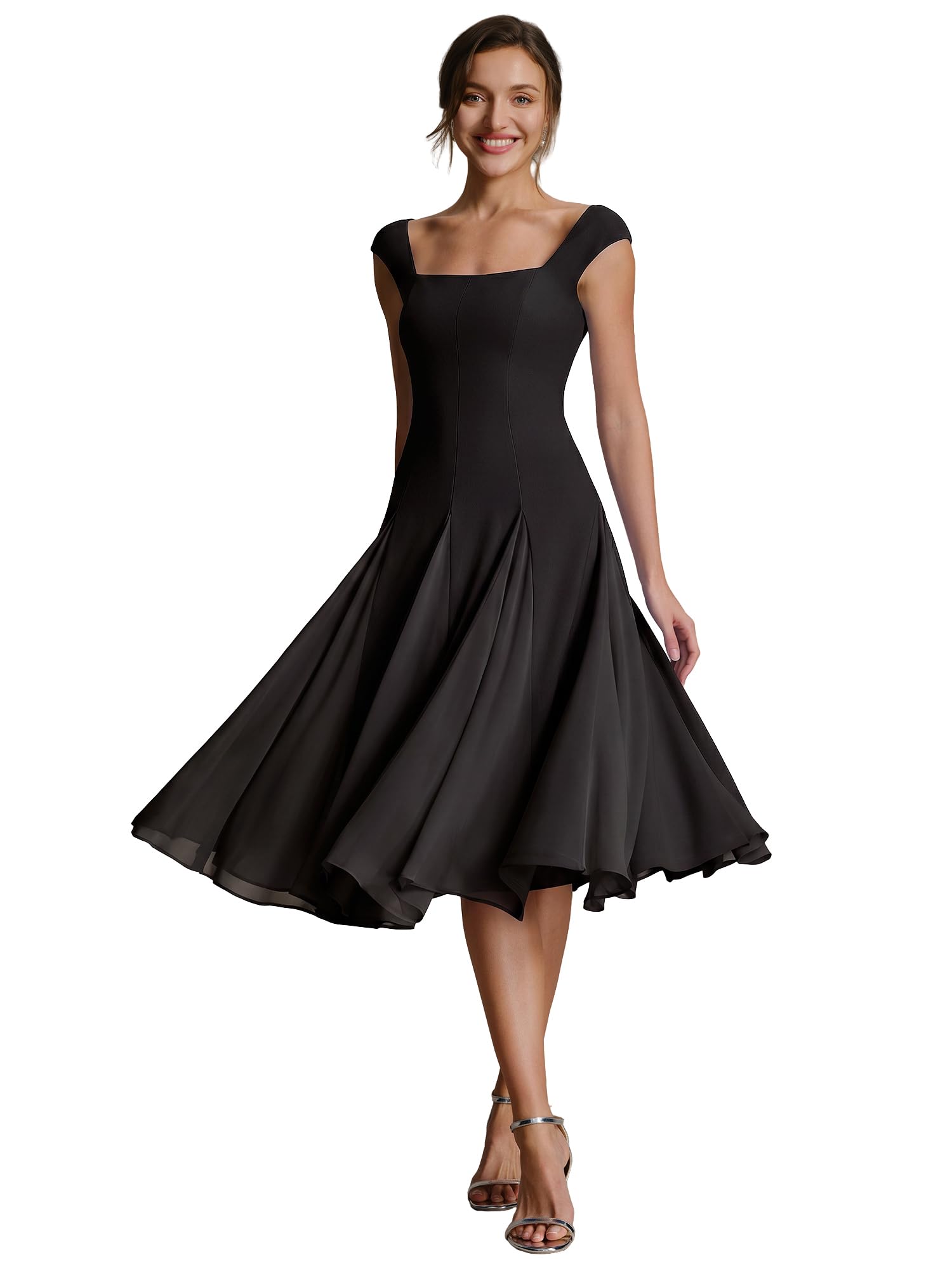 Ever-Pretty Robe Cocktail Élégante Col Carrée Manches Cape Crêpe Midi Coupe Trapèze EG02776