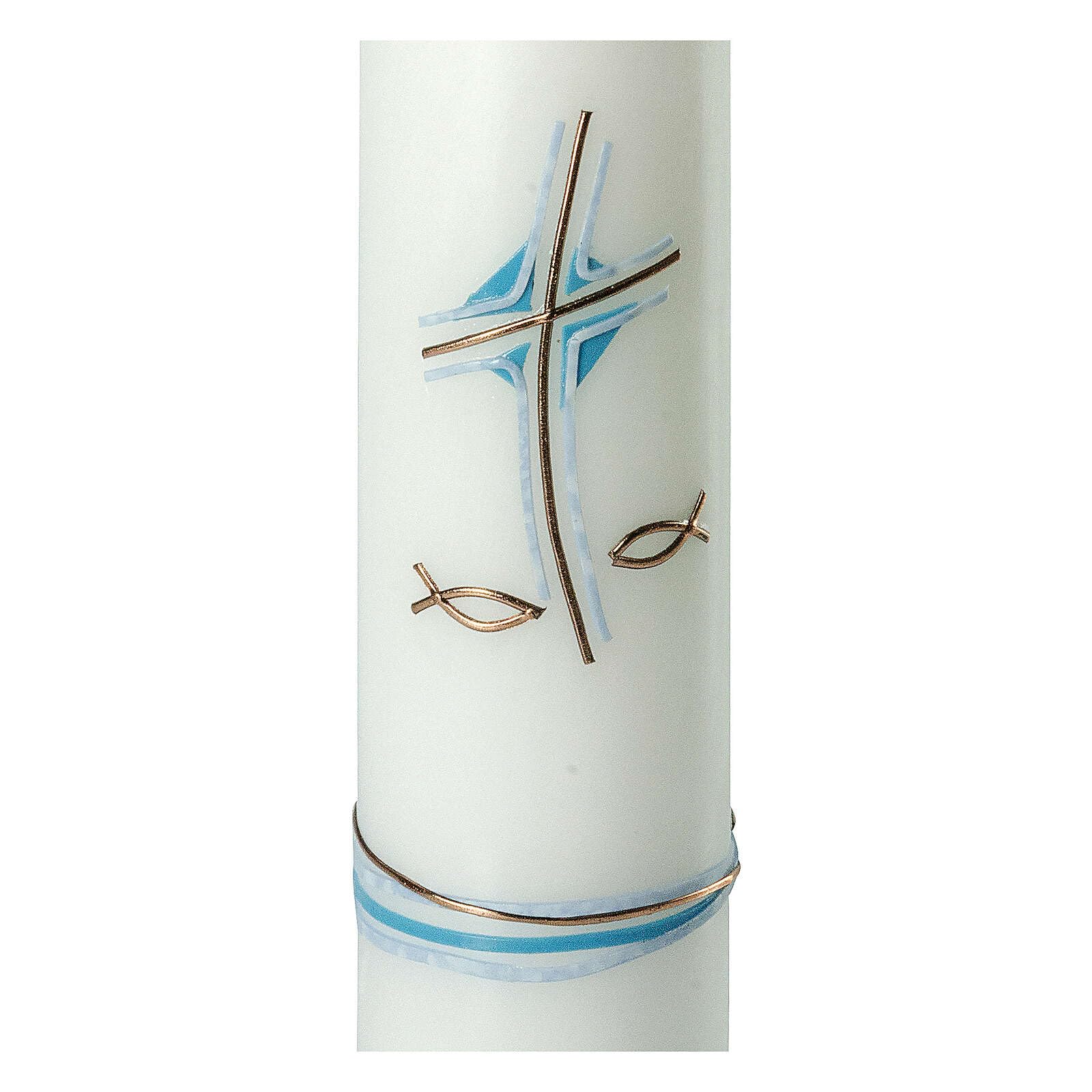 Light Blue Candle for Baptism, Cross and Fishes, 265x60 mm