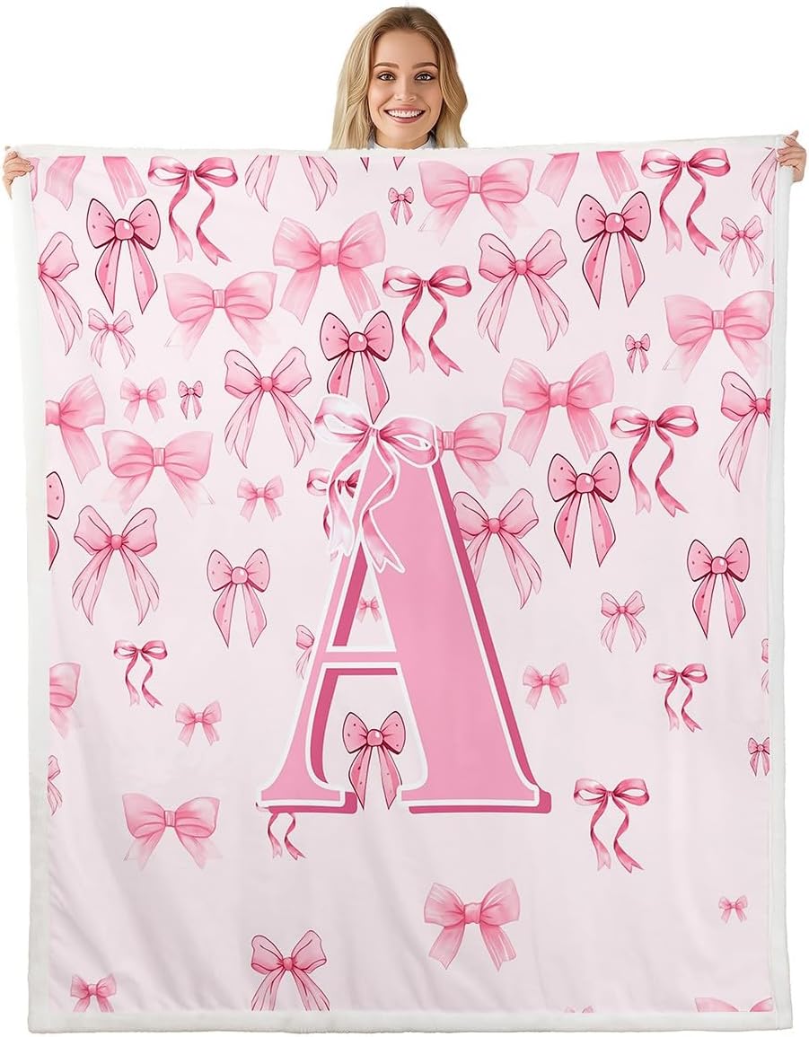 jejeloiu Girls Pink Bow Sherpa Blanket Plush Fuzzy Cute Bowknot Fleece Throw Blanket Boys Girls Letter A for Bed Couch Chair Living Room Monogrammed Bedroom Decor Coquette Bows Baby 30"x40"