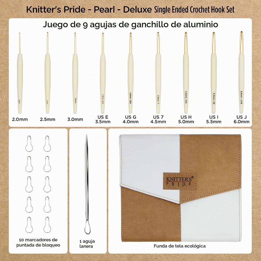 Set de 9 Agujas de Crochet Knitter’s Pride Pearl, Aluminio, 2 mm-6 mm