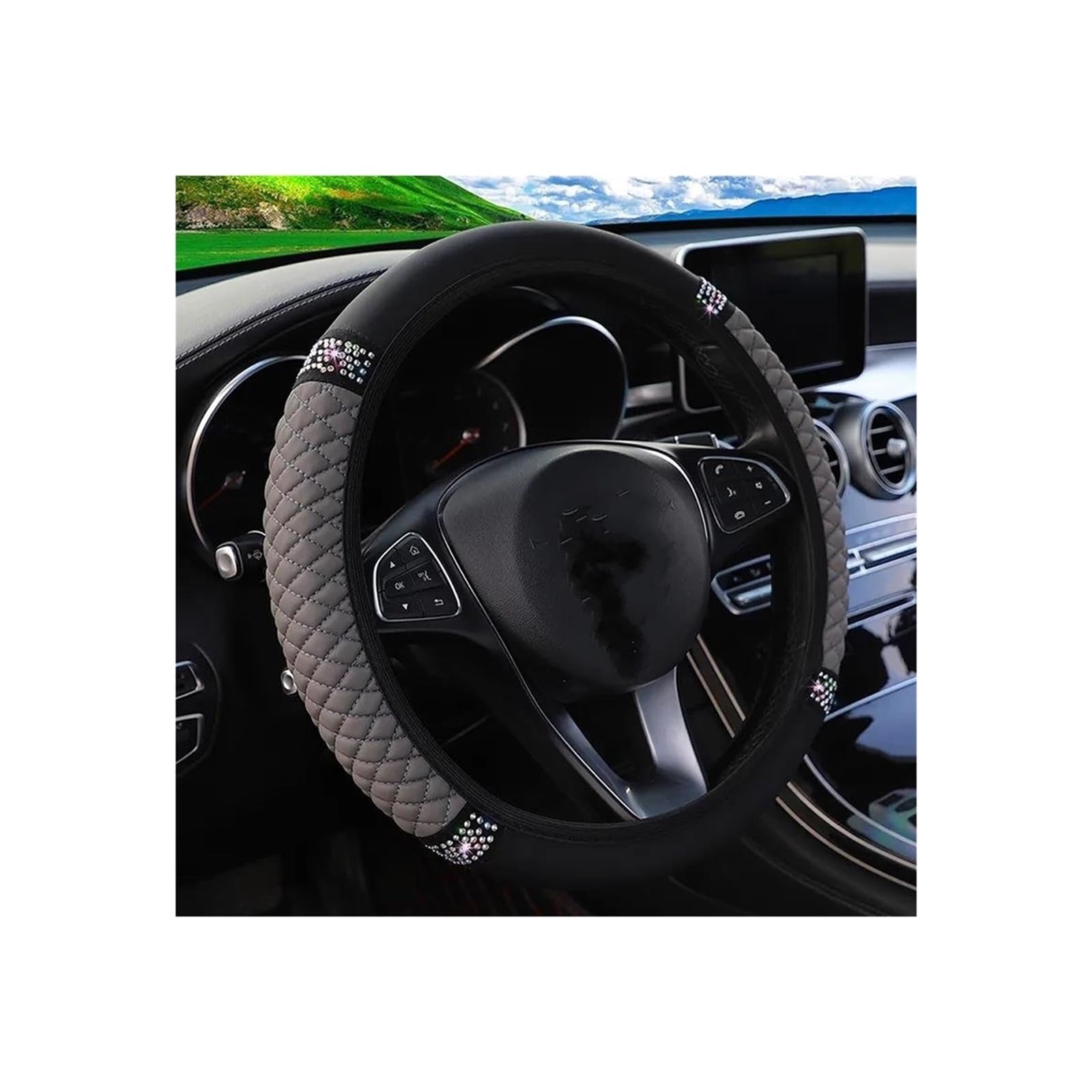 Funda Volante Coche Universal 37-38cm Cuero Bordado Color Diamante Tachonado Elástico Cubierta del Volante Universal Protector para Volante De Coche Fundas para Volante (Color : Gray)