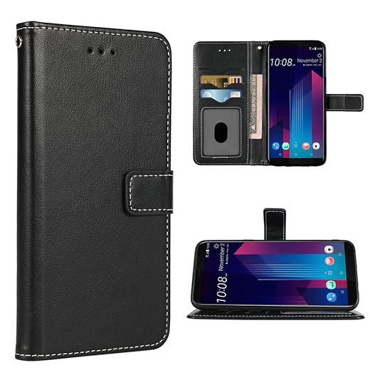 FDCWTSH Compatible with HTC U11 Plus Wallet Case Wrist Strap Lanyard and Leather Flip Card Holder Stand Cell Accessories Mobile Folio Mobile Folio Purse Phone Cover for U 11+ 2017 Women Men Black