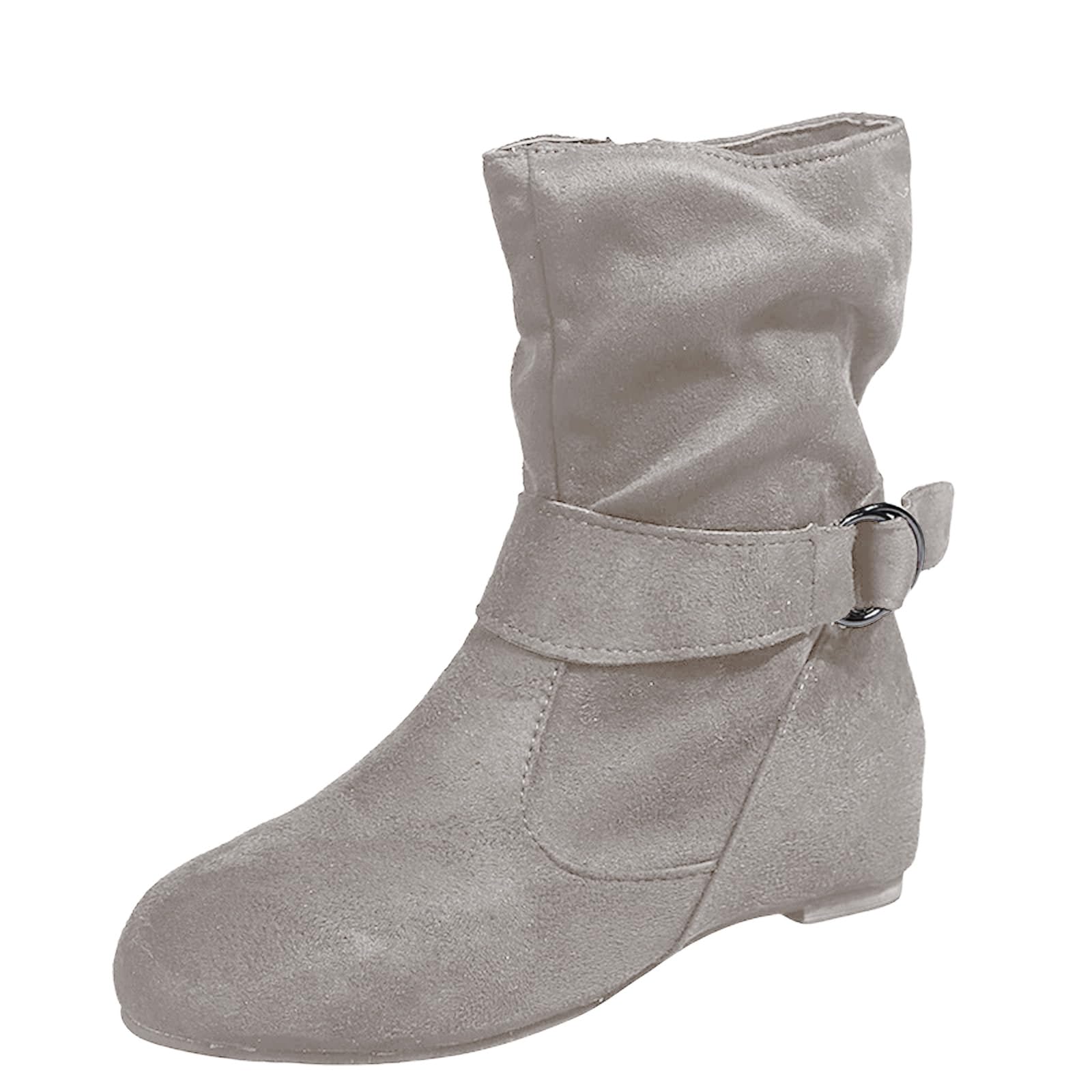 Womens Ankle Booties Soft Slouchy Boots Comfortable Slip On Shoe Round Toe Boot Mid-Calf Flat Boots Outdoor Anti