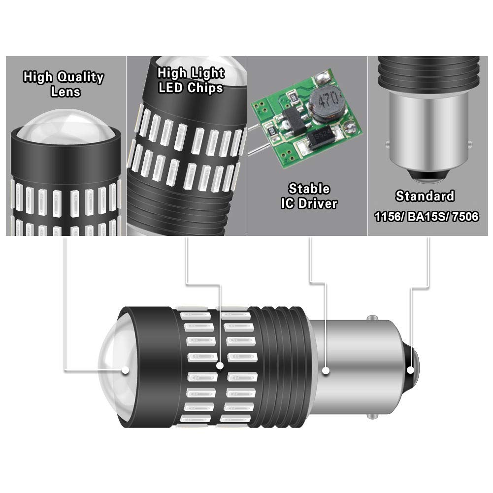 1156 BA15S P21W 7506 Bombillas LED Rojo 2400LM 48-SMD 4014 Chipsets con proyector para luces de marcador laterales de freno de cola (paquete de 2)