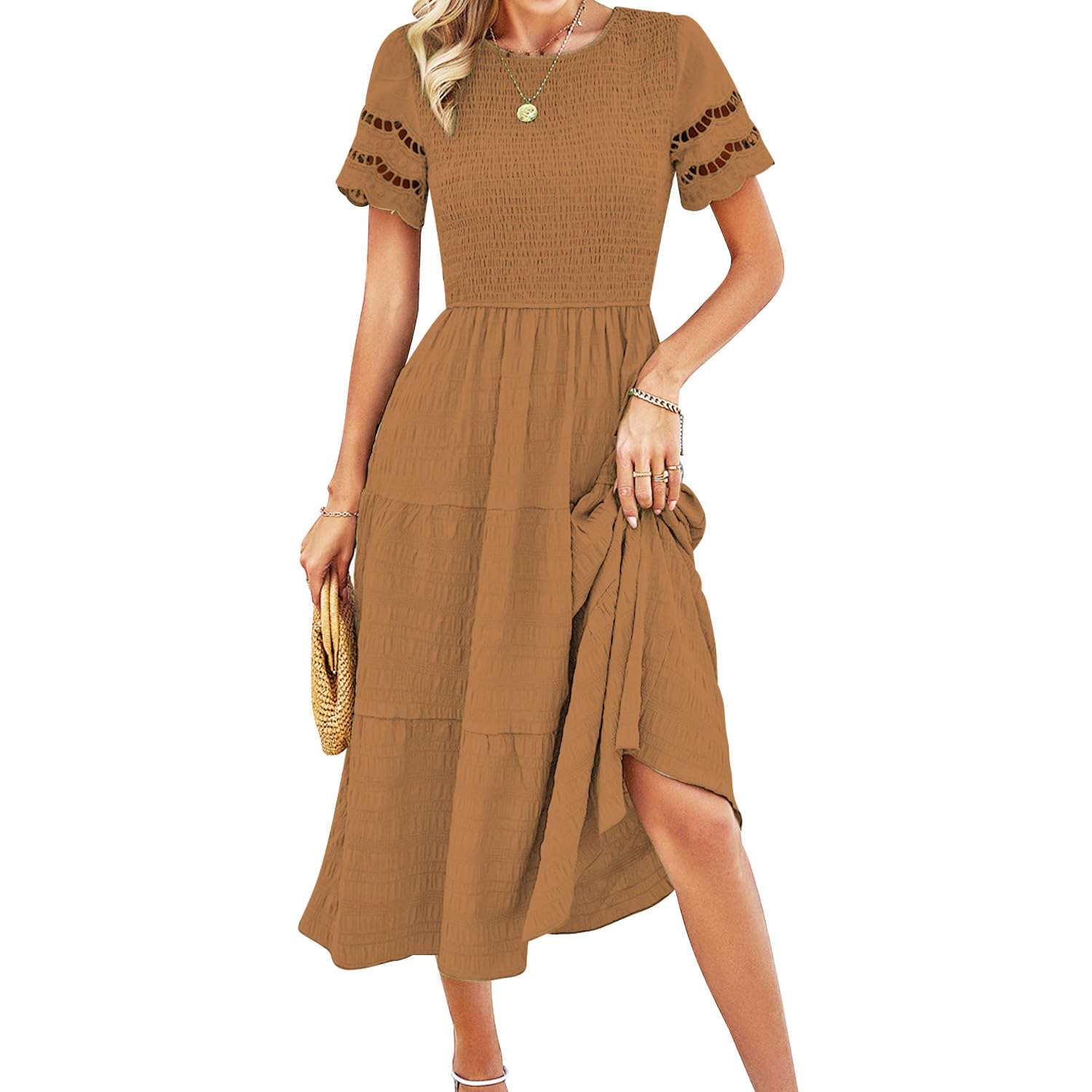 Robe d'été col en V fluide à taille haute et manches légères - 7